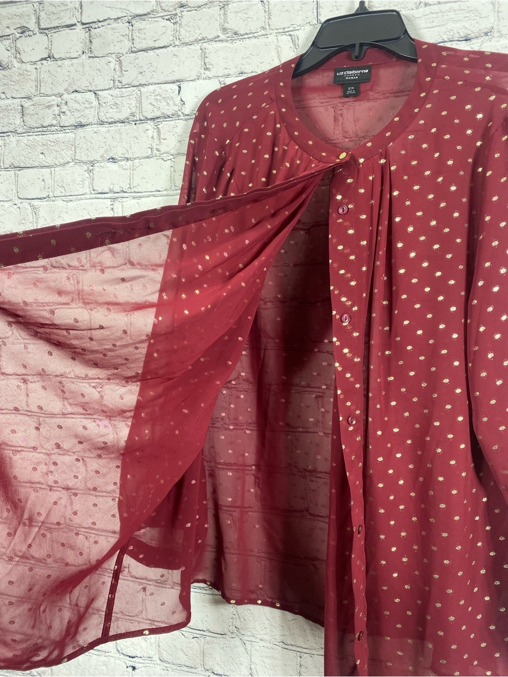 Liz Claiborne Career Woman 2X Burgundy Gold Polka Dot Sheer Blouse Plus Size - Picture 4 of 8